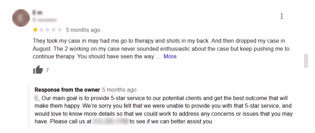 One-star Google review with a response from the law firm owner