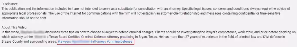 YouTube video description ending with hashtags such as #lawyers and #criminaldefense