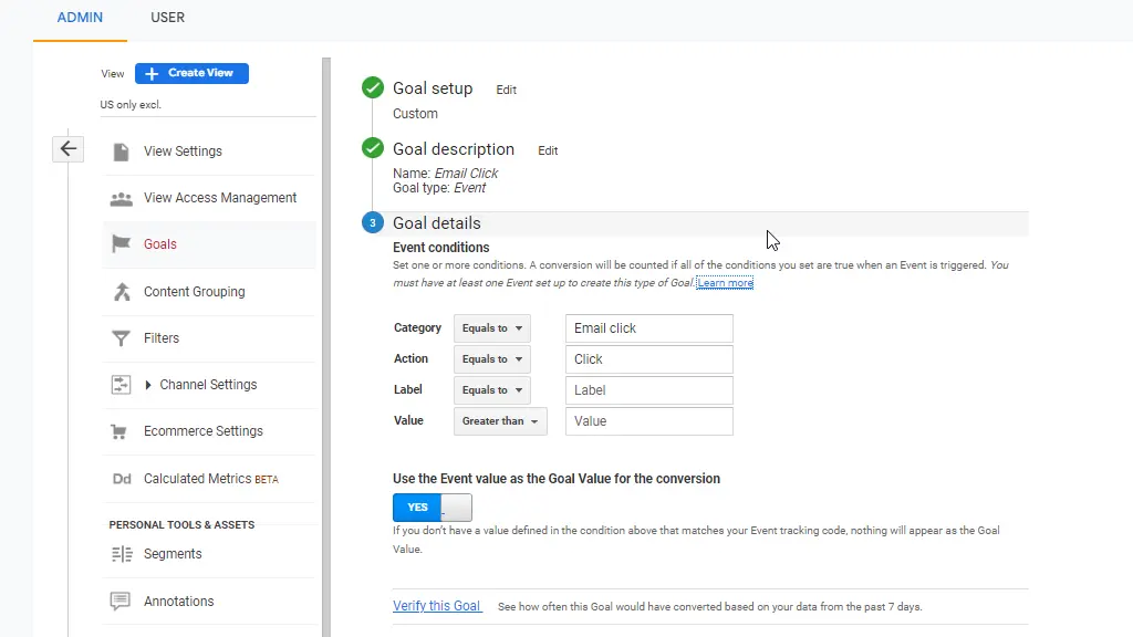 Use Google Analytics to create goal conversions