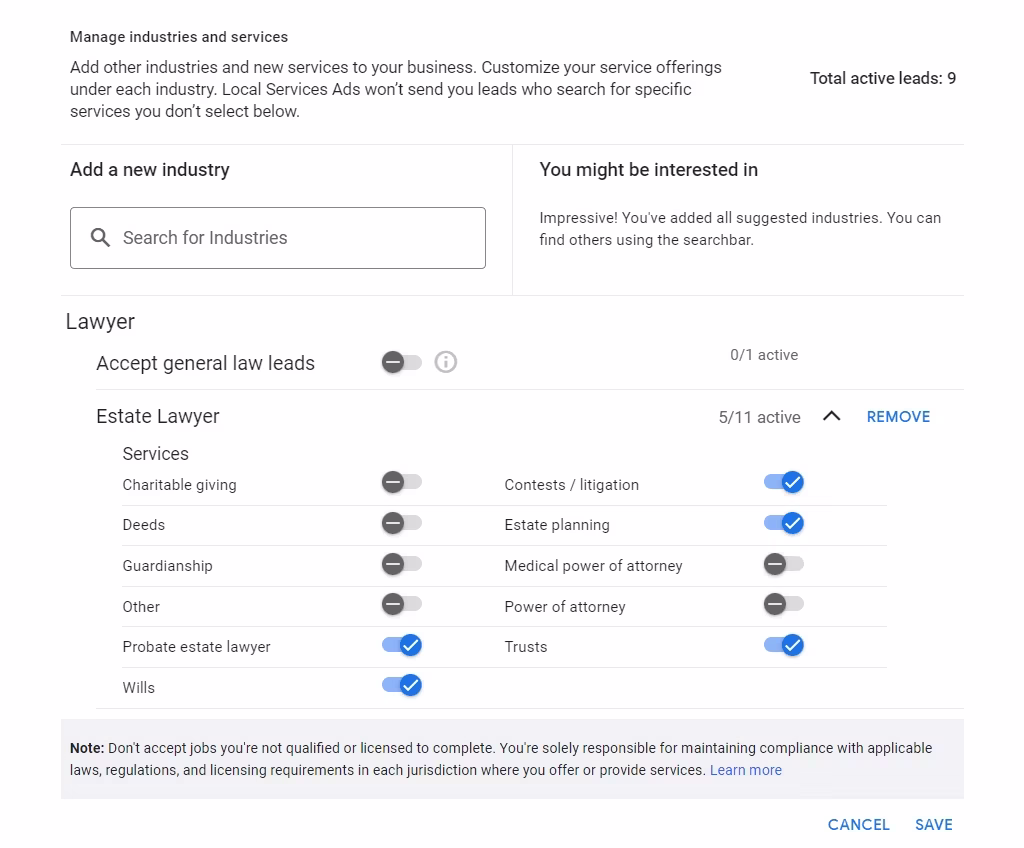 An example of service type specifications for local ads