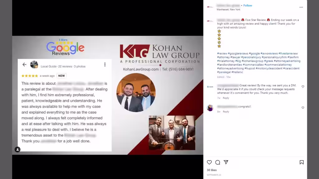 Instagram post from Kohan Law Group sharing a five-star Google review